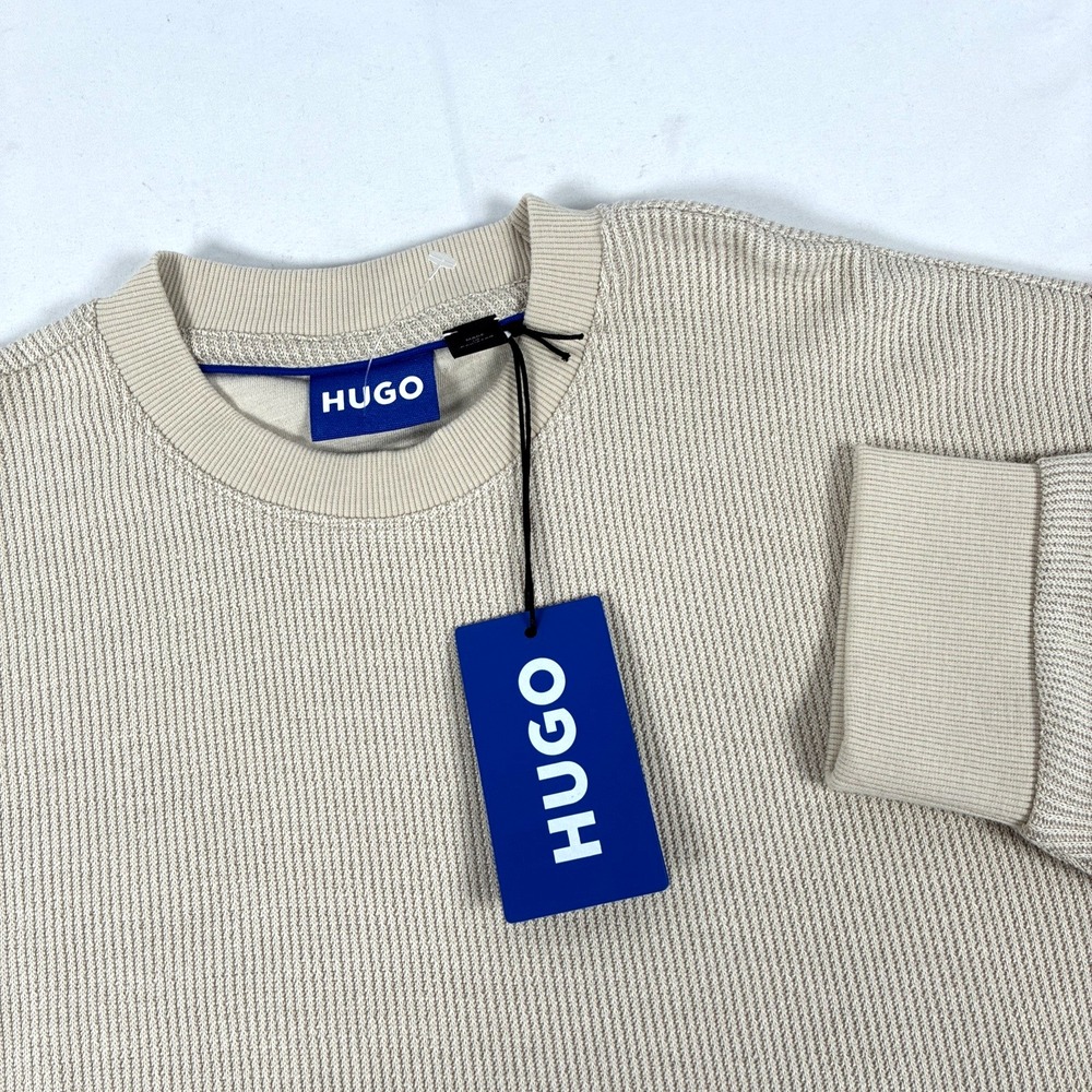 NWT Hugo Boss Mens Small Beige Waffle Knit Lightweight Crew Neck Sweater Top New